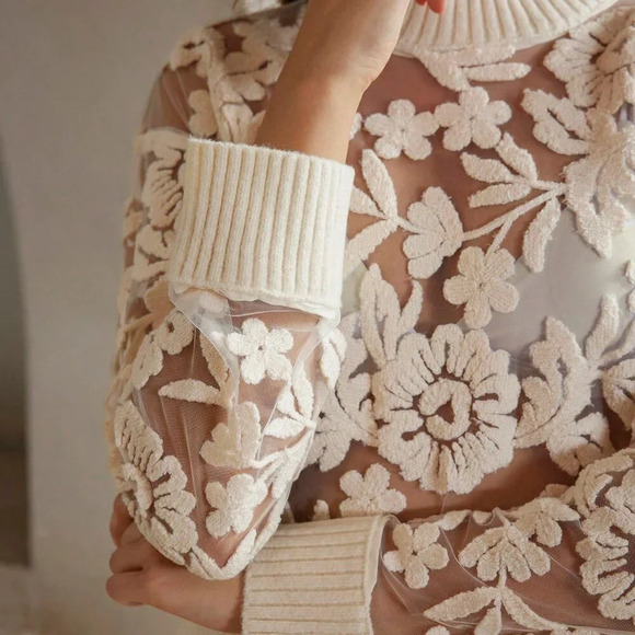 White Casual Women's Sexy Flower Jacquard Sheer Mesh Panel Sweater - Picture 7 of 7